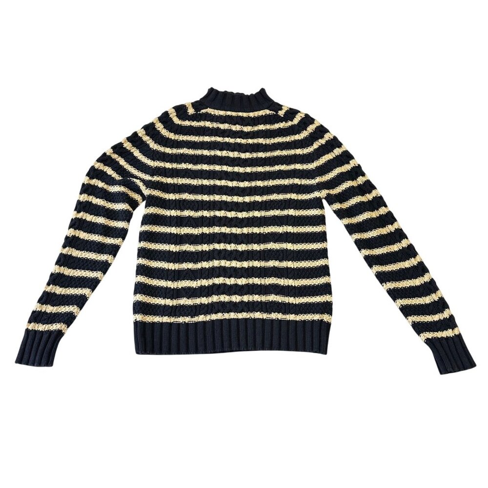 LL Bean Mens Cotton Striped Cable Knit Fisherman Sweater Quarter Zip Size Large - Picture 2 of 13